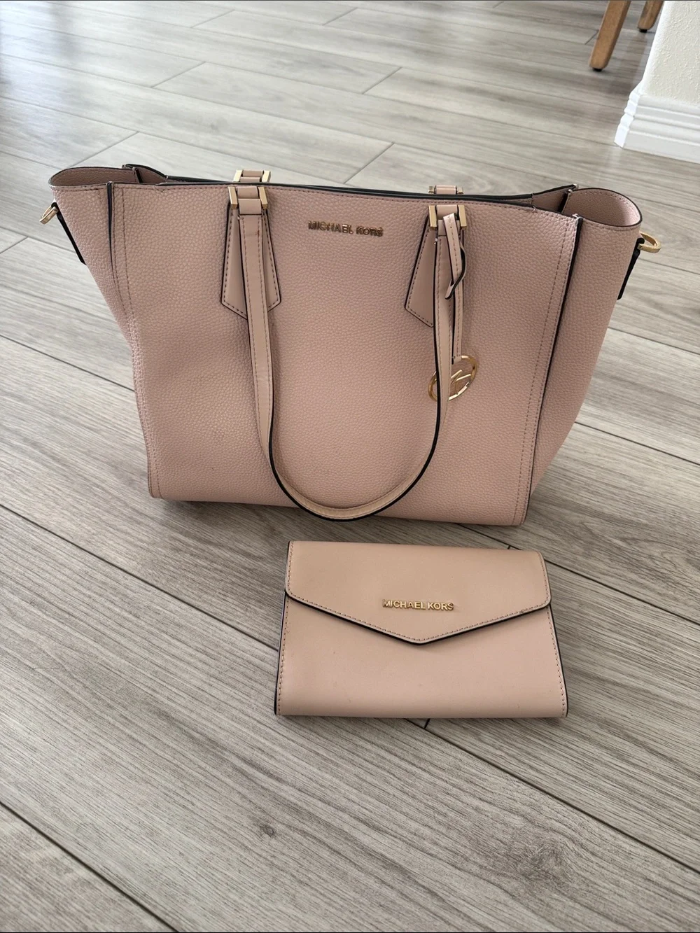 Michael Kors Blush Pink Pebbled Leather Tote with Matching Clutch wallet